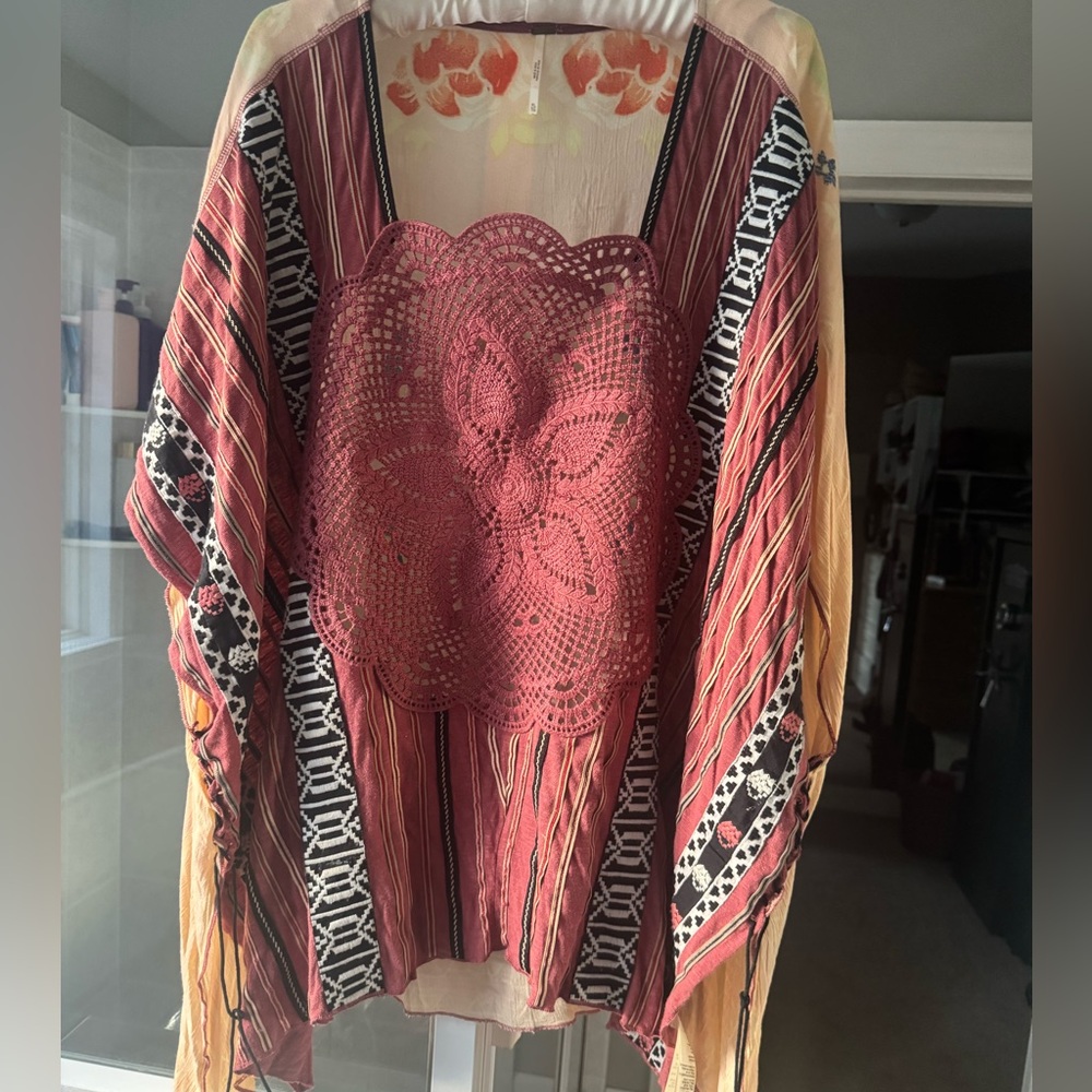 Free People Boho Crochet Kimono Cardigan in Rust and Mustard